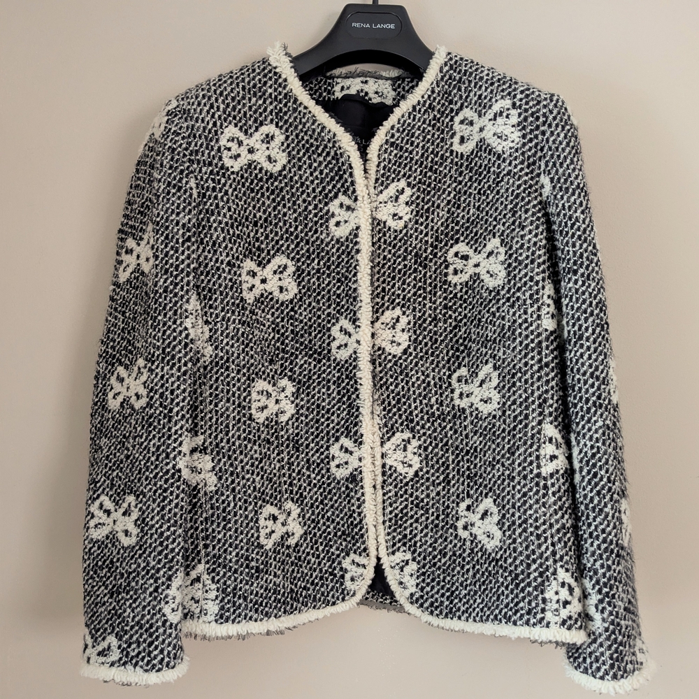 RENA LANGE Black & Off-white Bow Tie Tweed Vintage Blazer Jacket Women's Size 14